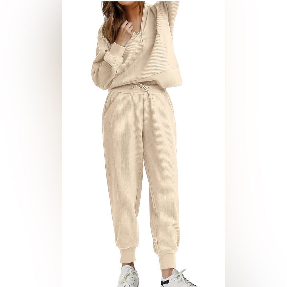 Beige 2 Piece Sweatsuit- Long Sleeve Half Zip Pullover Lounge Suit - Picture 3 of 4